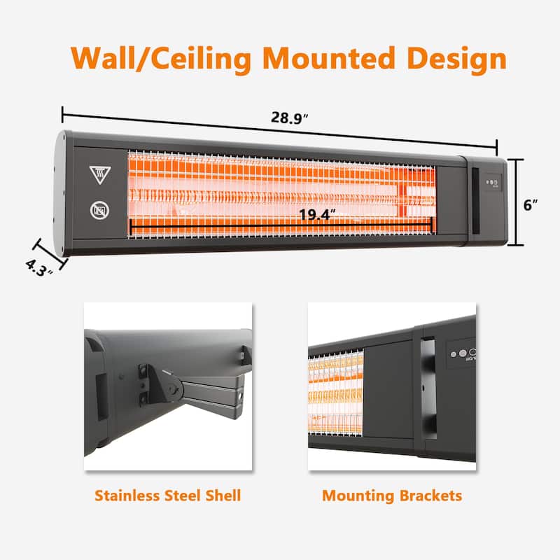 Cozywor Infrared Outdoor Electric Space Heater, Wall Mounted Heater, 1500 W, Remote Control 29" x 6", Black - N/A