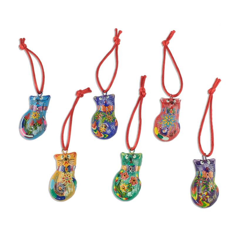 NOVICA Festive Cats, Ceramic ornaments (set of 6)