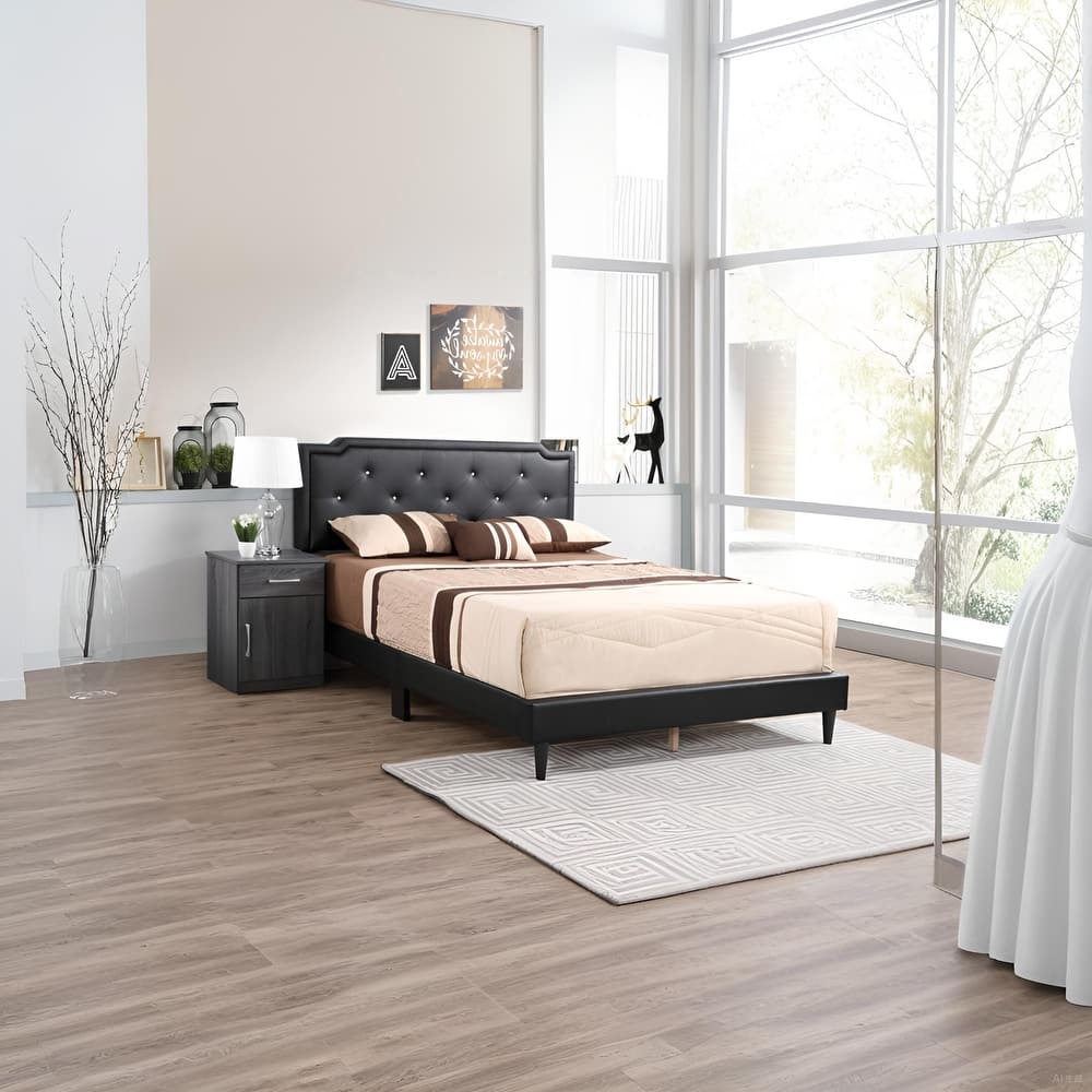 Queen Size PU Platform Bed with Adjustable Headboard and Tufting design