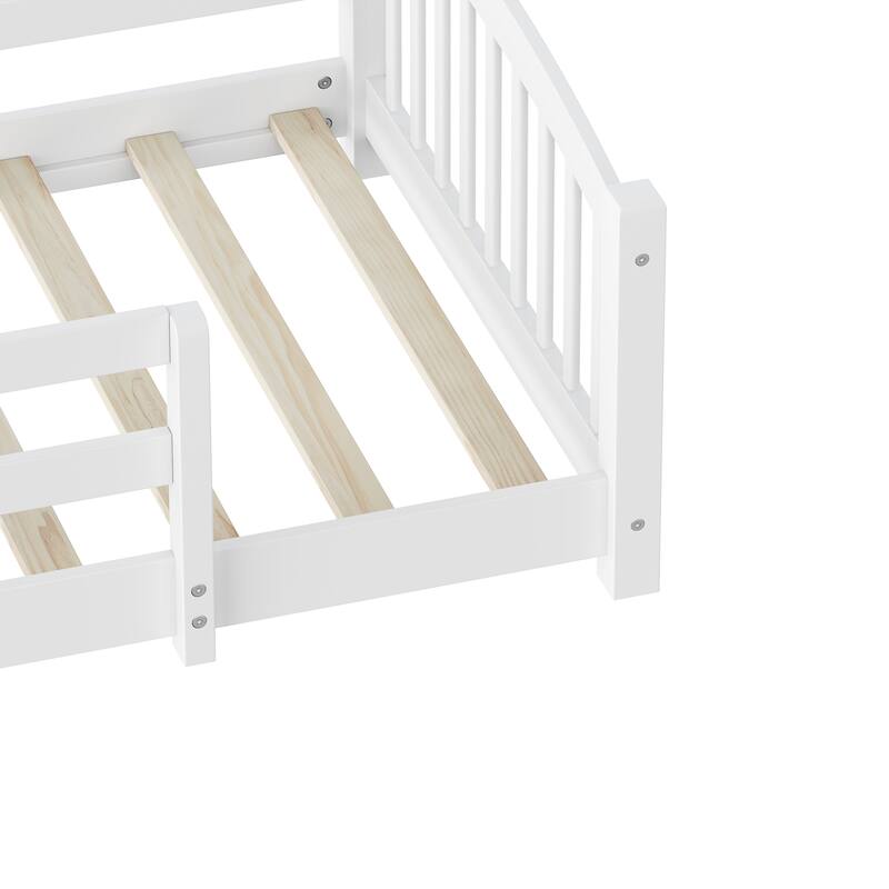 Montessori Floor Bed with Fence - Full/Twin Solid Wood, Slats & Safety Guardrails, Easy Assemble