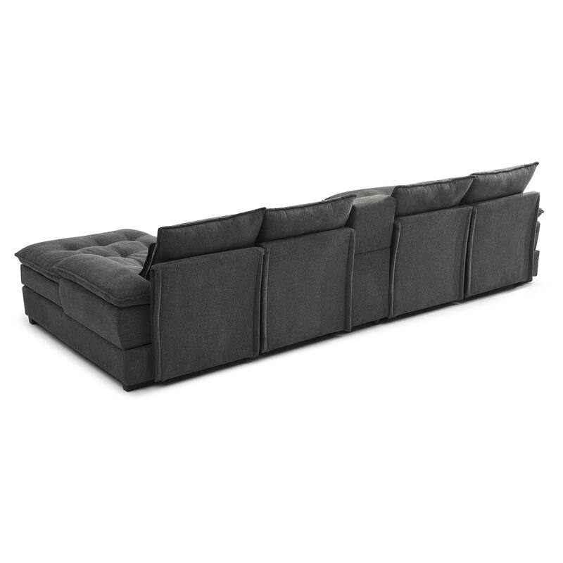 U-shaped Sectional Sofa with Chaise, Built-in Storage Console and Cup Holders, Linen Double-Layer Cushioning Lounge Couch