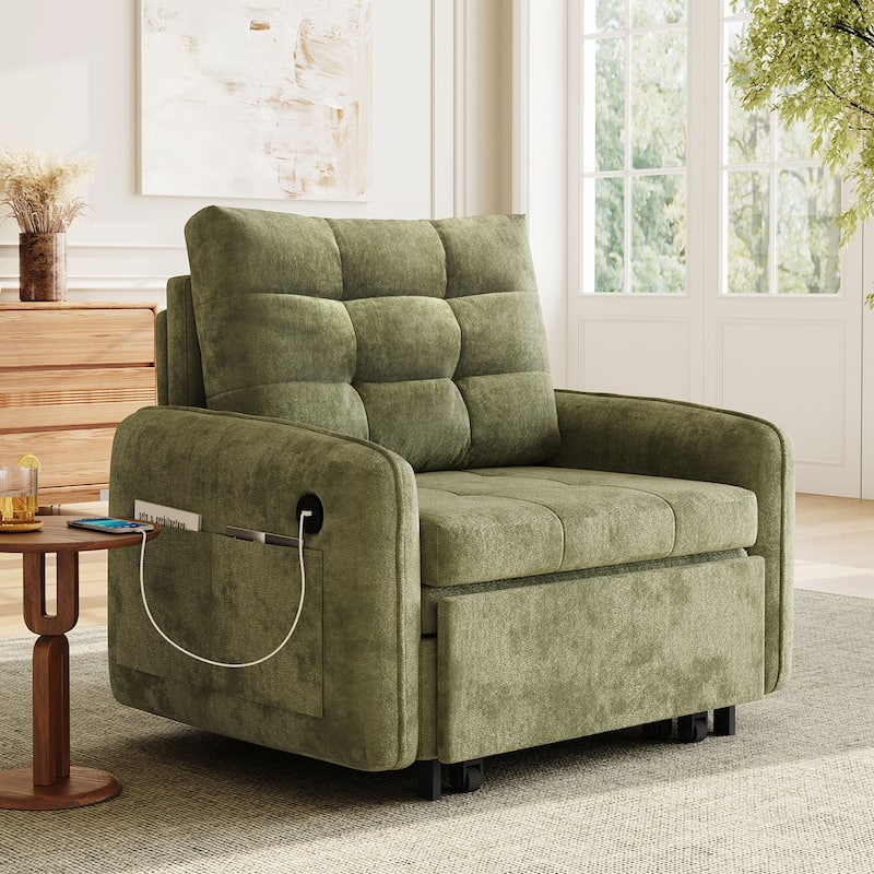 3-in-1 Chenille Accent Chair Convertible Sleeper Sofa Bed, 80" Extra Long Pull-out Chair Bed with USB and Type-C Ports - Green