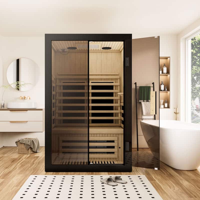 VEIKOUS 2-Person Hemlock Wood Infrared Sauna, 5 Carbon Panel 360° Heating Home Spa with Bluetooth, Oxygen Bar & Color Therapy - Black