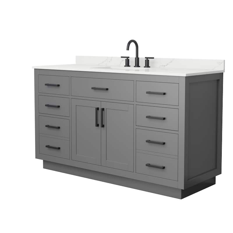 Beckett TK 60-inch Single Vanity, 3 Hole Quartz Top - Dark Gray, Black Trim, Giotto Quartz Top