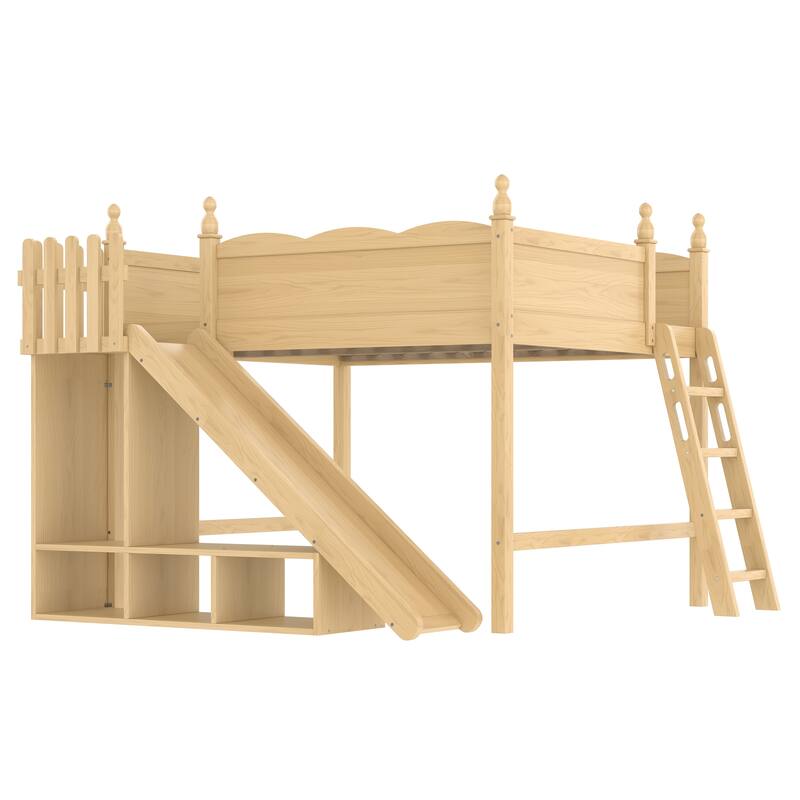 Fun Play Loft Bed for Kids with Open Shelves and Wardrobe, Solid Wood Storage Bed Frame with with Detachable Slide and Ladder
