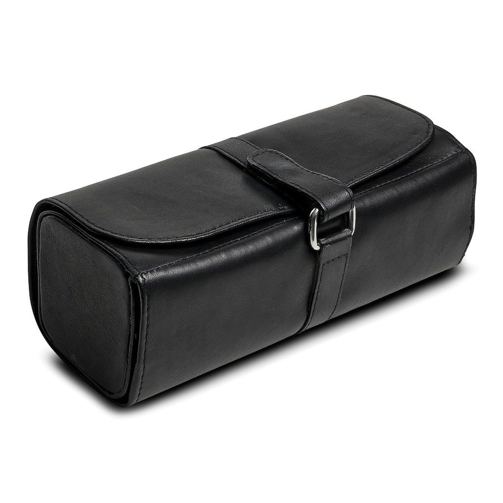 Curata Black Leather Snap Strap Large Jewelry Roll with Watch/Bracelet Pillow