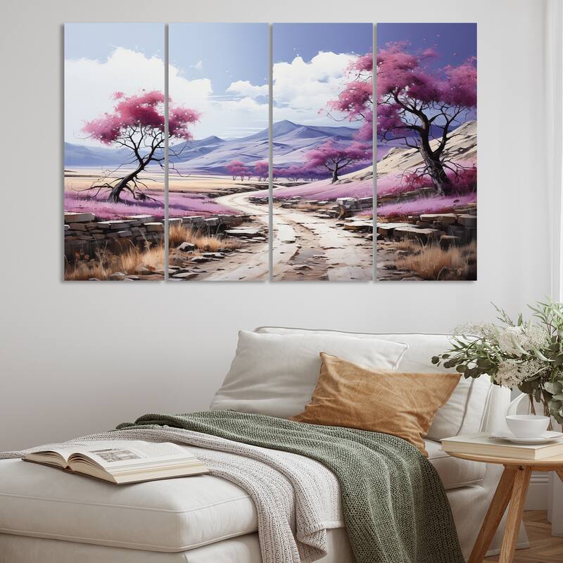 Designart "Purple Road Endless Journey II" Landscapes Multipanel Canvas Art Print set - 48 In. Wide X 28 In. High - 4 Panels Equal Panels