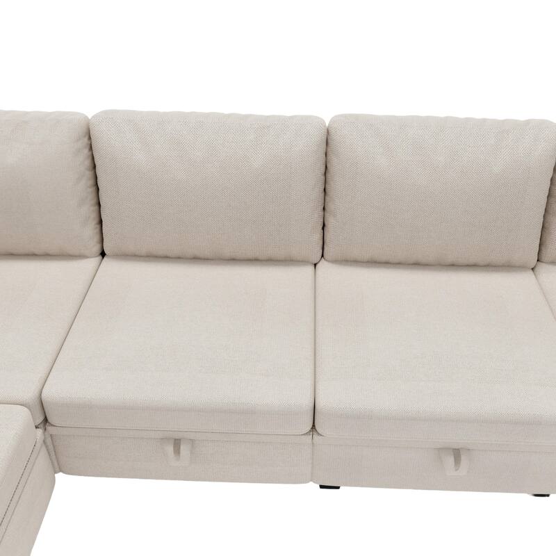 Linen Fabric U Shaped Modular Couch Set with Ottomans and Storage Seats