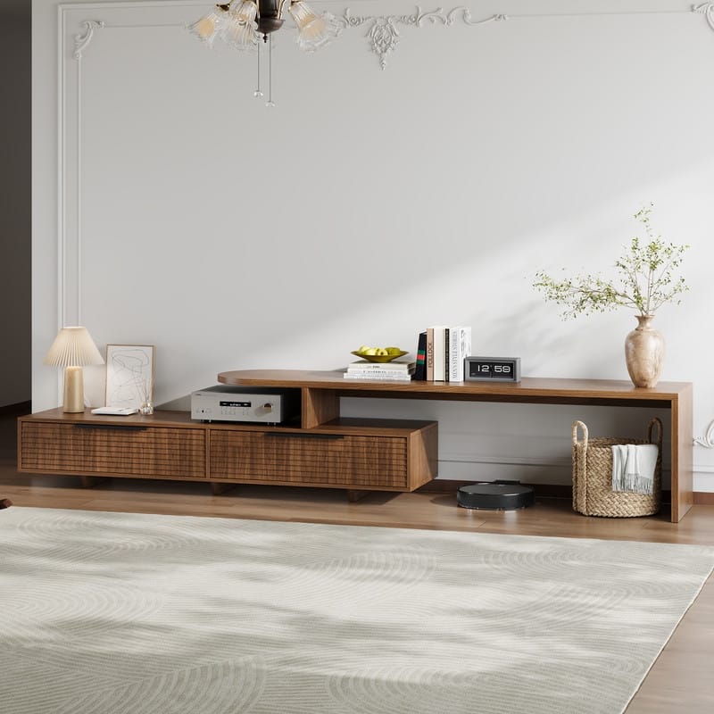 71" Mid-Century Walnut Finish TV Stand - Slatted Drawers, Open Shelves, 2-Tier Media Console