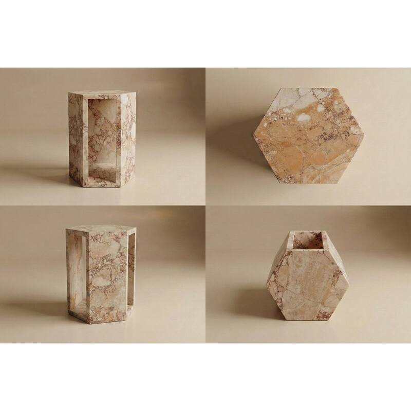 Roomfitters Luxury Natural Marble Hexagon Side Table, Solid Stone Geometric Pedestal End Table, Polished Finish
