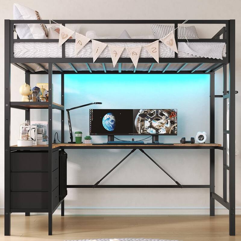 Loft Bed with L-Shaped Desk Charging Station Metal LED Lights 3 Fabric Drawers