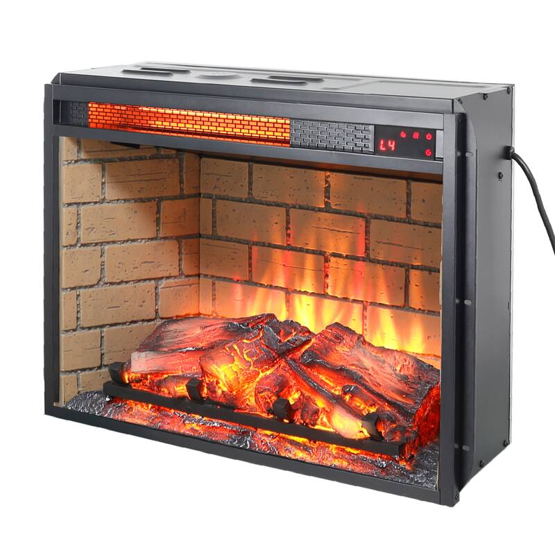 23-Inch Infrared Quartz Heater Fireplace Insert with Realistic Wood Log & Brick Design, Remote Control