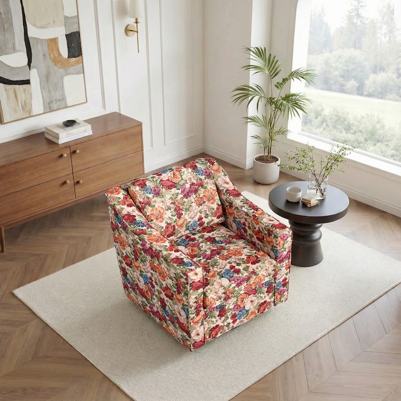 Patterned Linen Swivel Armchair Floral Accent Chair for Living Room