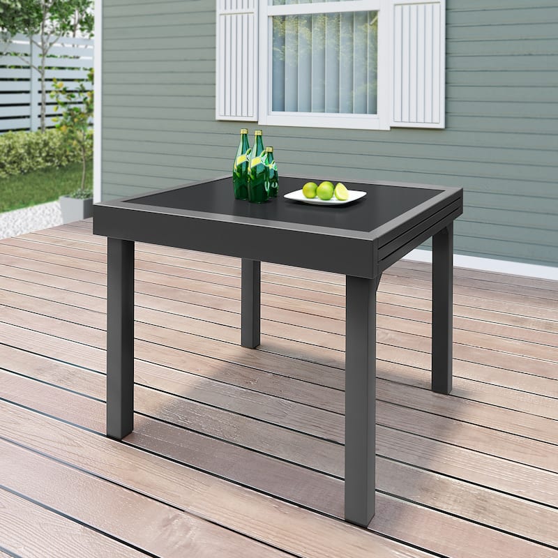 Crestlive Outdoor Aluminum Expandable Dining Table Extension Leaf Glass Tabletop - 35.4"W x 35.4-70.9"L x 29.5"H