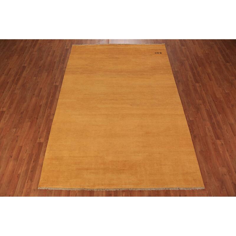 Modern Gabbeh Area Rug Hand-Knotted Solid Orange Wool Carpet - 5'9" x 8'8"