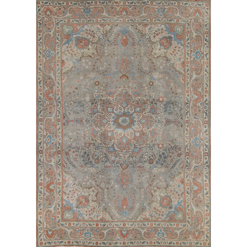 Floral Gray Tabriz Persian Antique Area Rug Handmade Wool Carpet - 8'2"x 11'1"