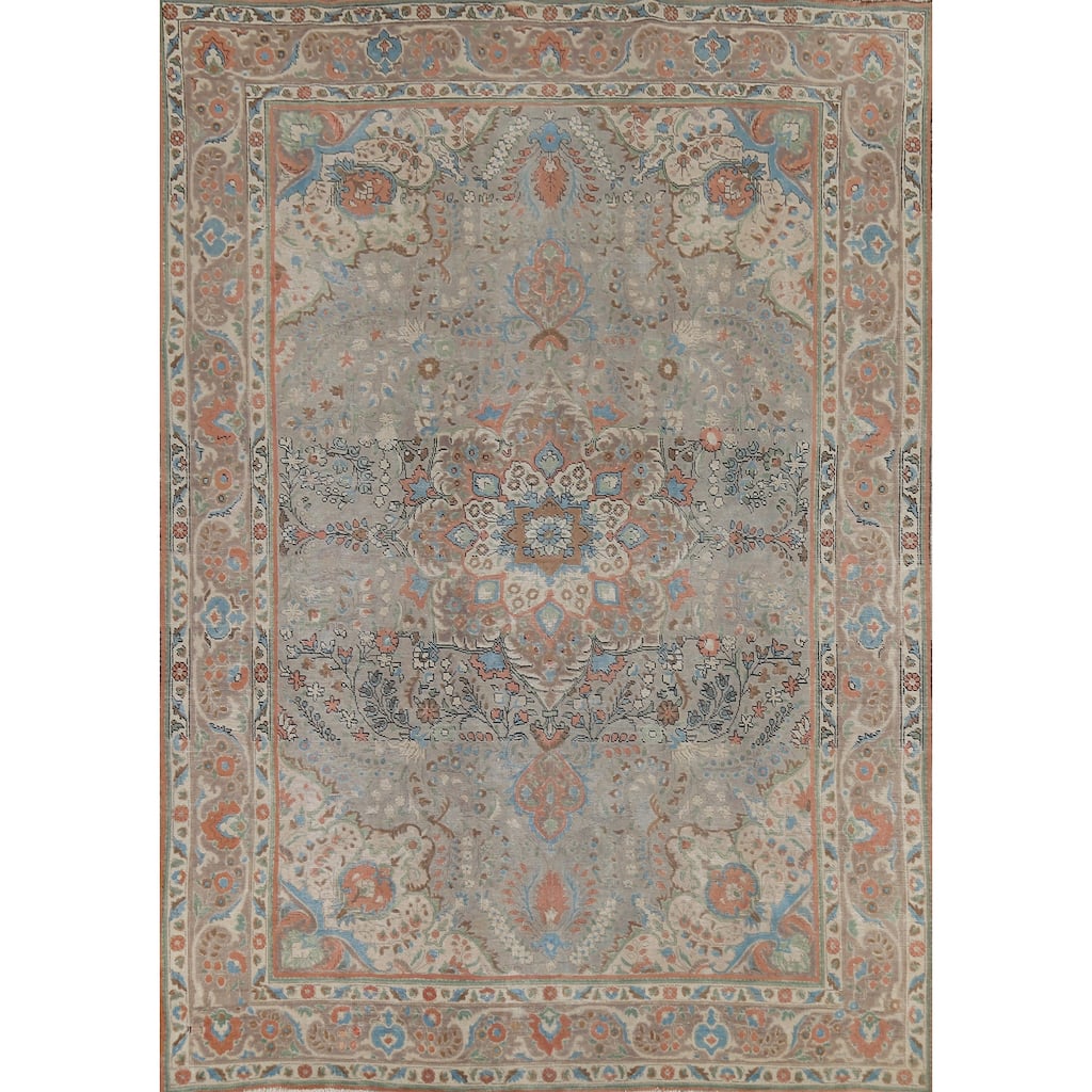 Floral Gray Tabriz Persian Antique Area Rug Handmade Wool Carpet - 8'2"x 11'1"