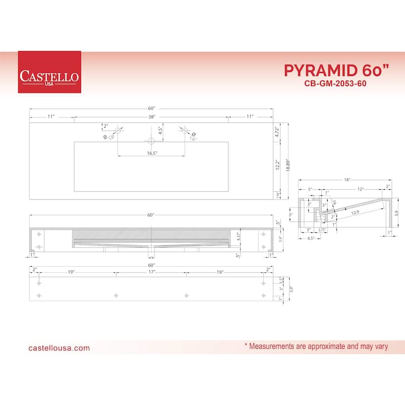 Pyramid 60-inch Solid Surface Bathroom Vanity Top - 60"