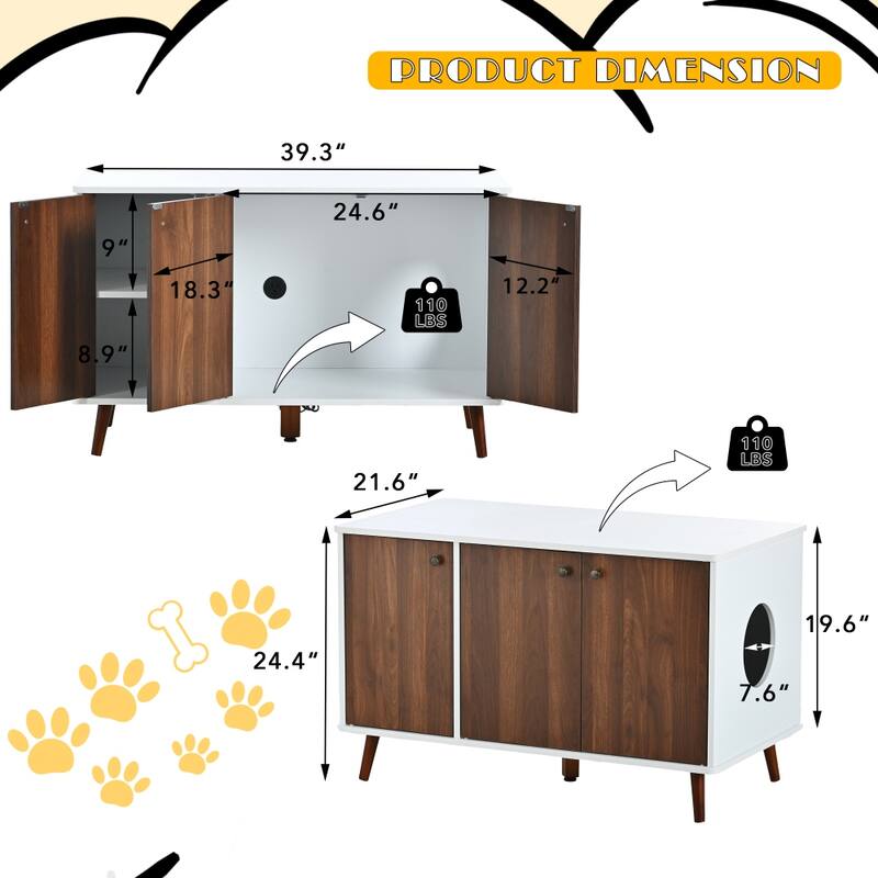 Cat Litter Box with Hidden Plug 3 Doors Bench Side Table Cat House