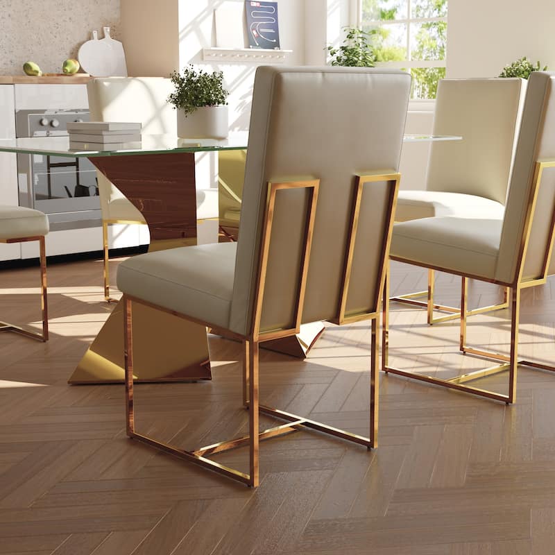 Luxury Gold Dining Table Set with 63 inch Glass Dining Table and White Leather Dining Chairs