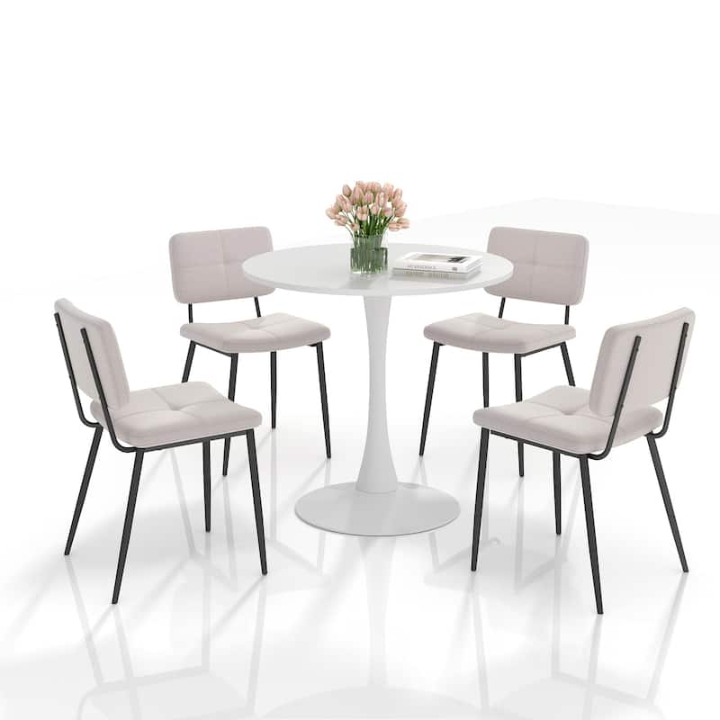 Homy Casa 5-Piece Industrial Dining Set with Round Pedestal Table and 4 Fabric Chairs - White - Beige