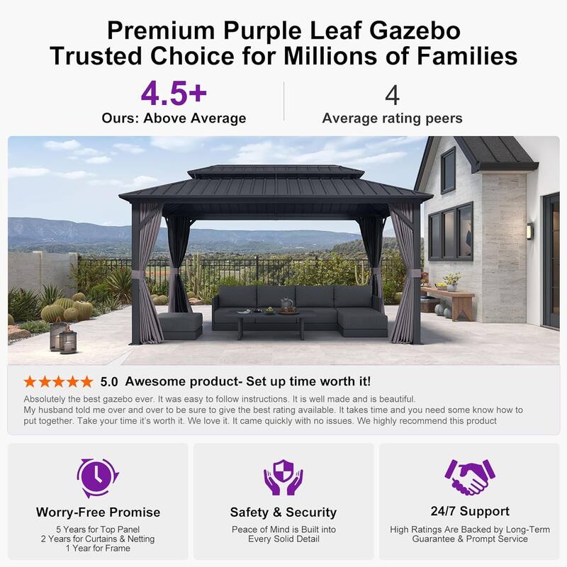 PURPLE LEAF Gazebo Grey Outdoor with Dual-Layer Galvanized Steel Double Roof Aluminum Gazebo with Netting and Curtains