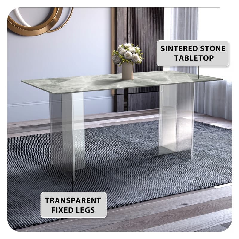 Kova Modern Contemporary Rectangular Dining Table with Sintered Stone or Glass Top, Acrylic Base for Dining or Entertainment