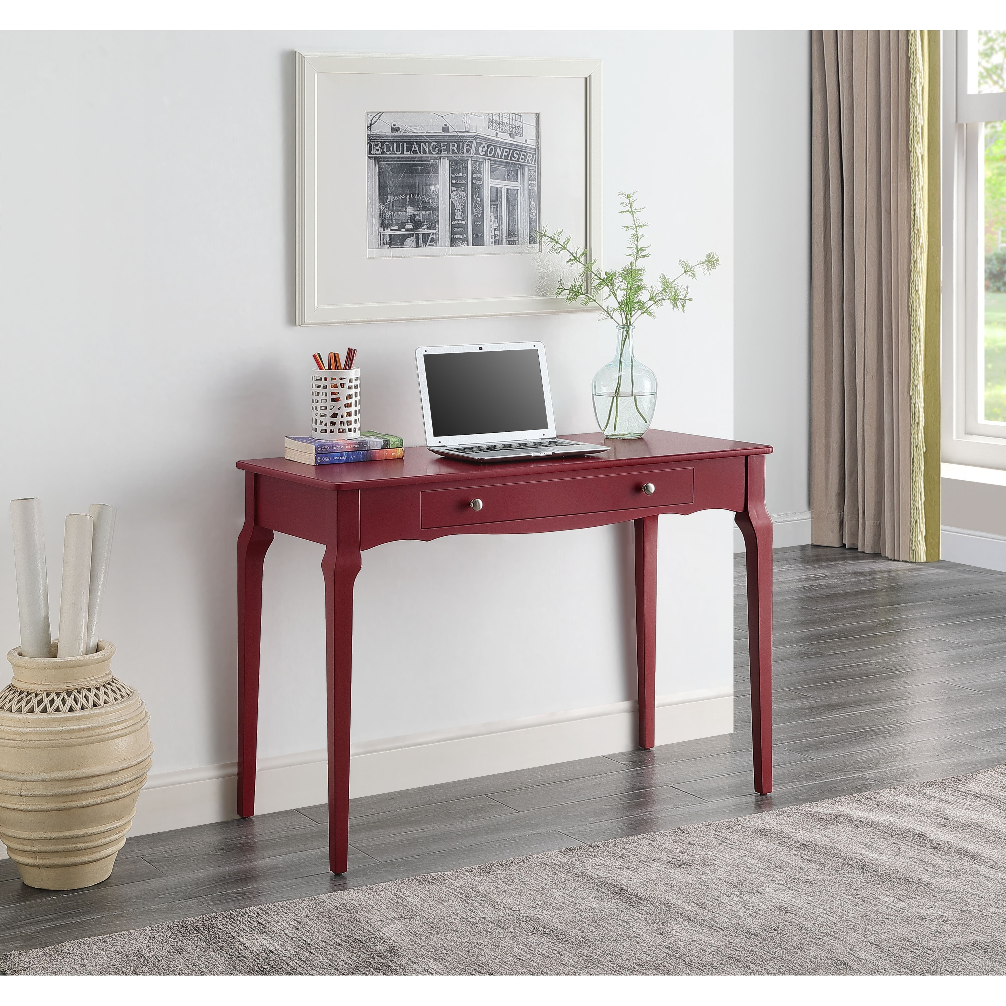 Console Table in Red Finish KD Rectangular Writing Desk 1 Storage Drawer Center Wooden Drawer Glide,Console Table