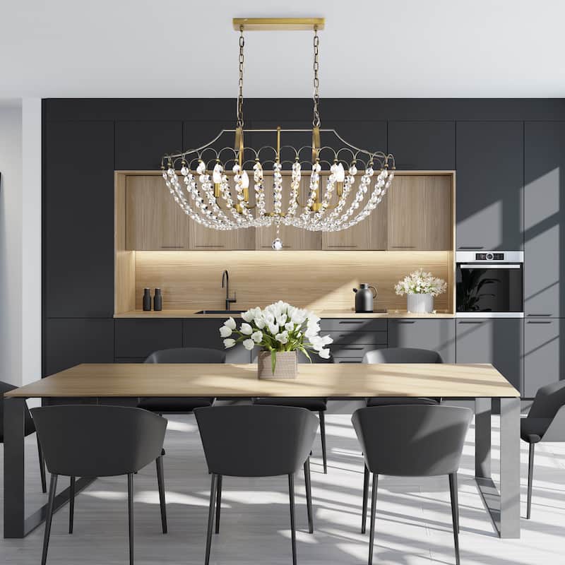 Vintage Brass 6-Light Glam Kitchen Island Lighting with Crystal - Vintage Brass