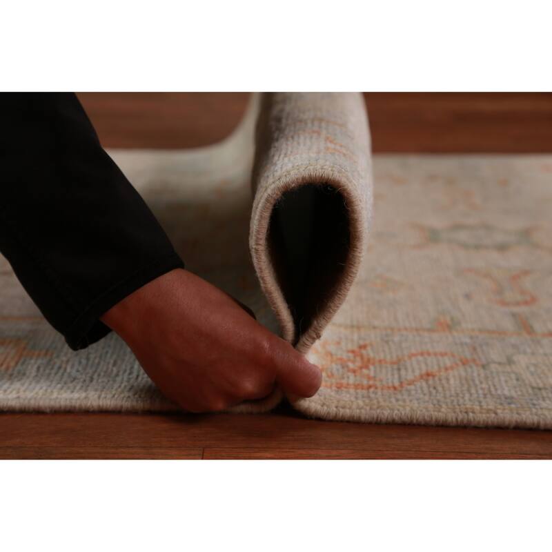 Hand Knotted Oriental 100% Wool Carpet Transitional Geometric Beige & Ivories Oushak Runner Rug - 8' 2'' X 2' 8''