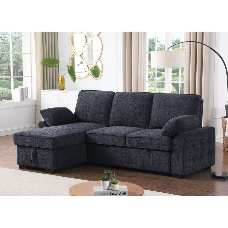Mackenzie 91"W Chenille Fabric Reversible Sleeper Sectional with Storage Chaise, Drop-Down Table, Cup Holders & Charging Ports