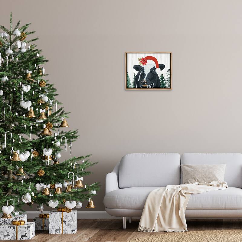 Stupell Christmas Hat Cow Portrait Framed Floater Canvas Wall Art Design By Ashley Justice