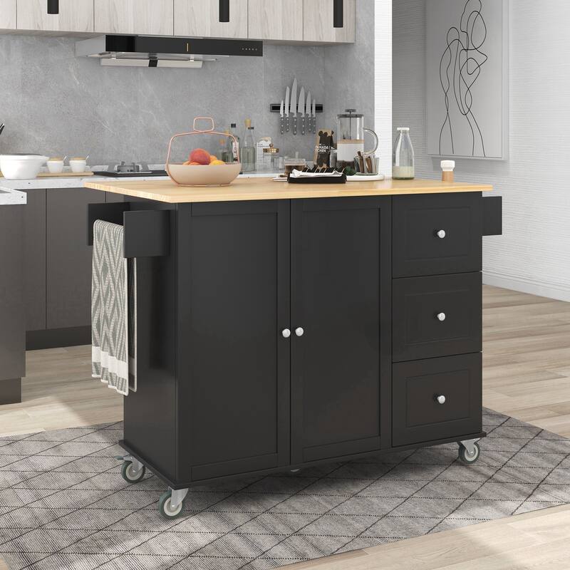 Rolling Mobile Kitchen Island with Drop Leaf - Solid Wood Top