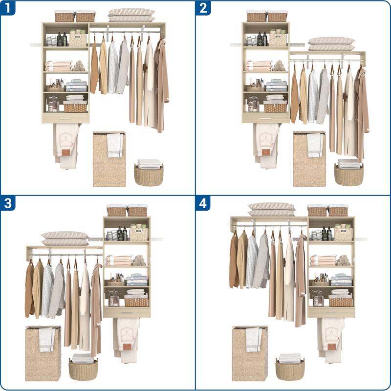 60'' Wall-mounted Closet System with Hanging Rods, Clothing Organizer with Tower Shelves for Laundry Room
