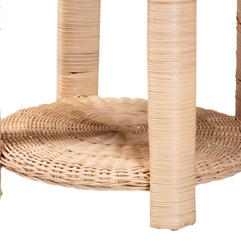 Latoya Natural Rattan End Table - Handwoven Wicker 2-Tier Side Table with Scalloped Border for Living Room or Bedroom
