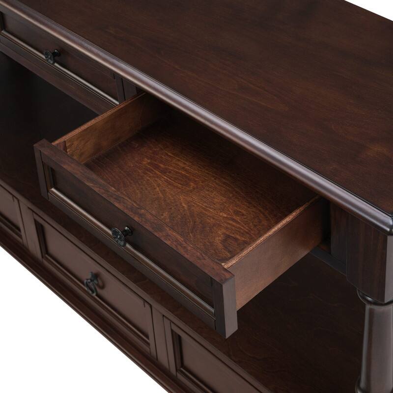 Retro 54" Solid Wood Console Table with 6 Drawers and Shelf for Vintage Living Room and Hallway Storage