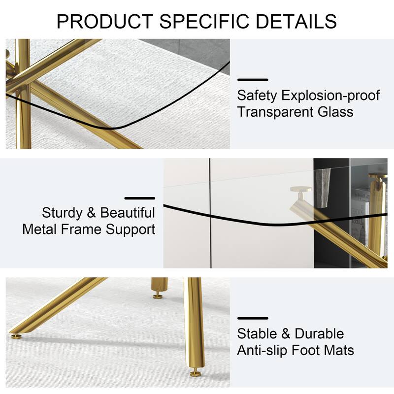 Large Modern Minimalist Rectangular Glass Dining Table with 0.39" Tempered Glass Top and Gilded Metal Legs for Kitchen - Golden