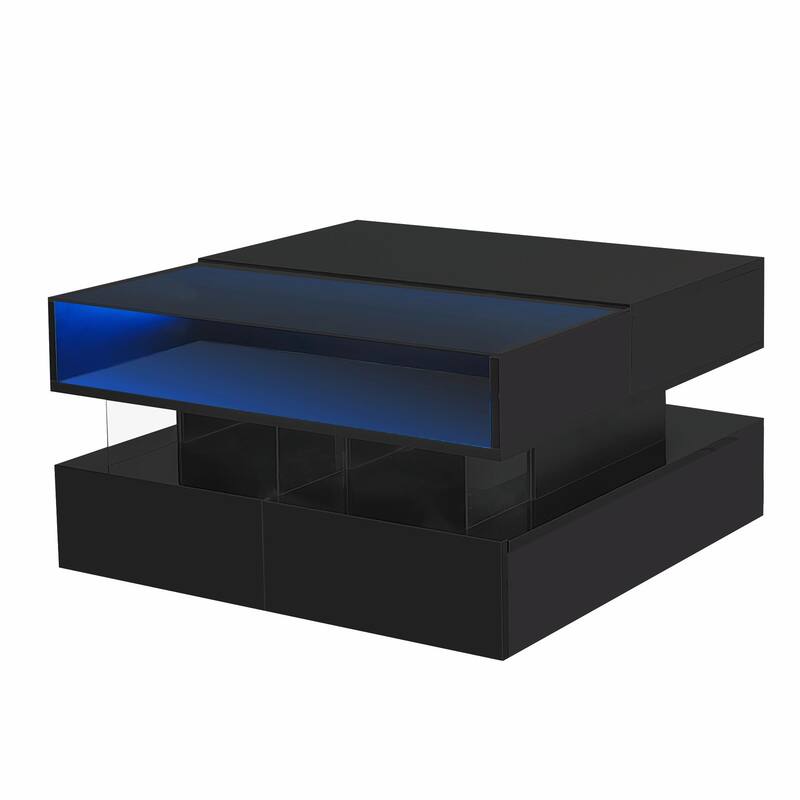 Lift-Top Coffee Table with 2 Drawers, Modern Square Coffee Table with Glass Top and High-Gloss Finish