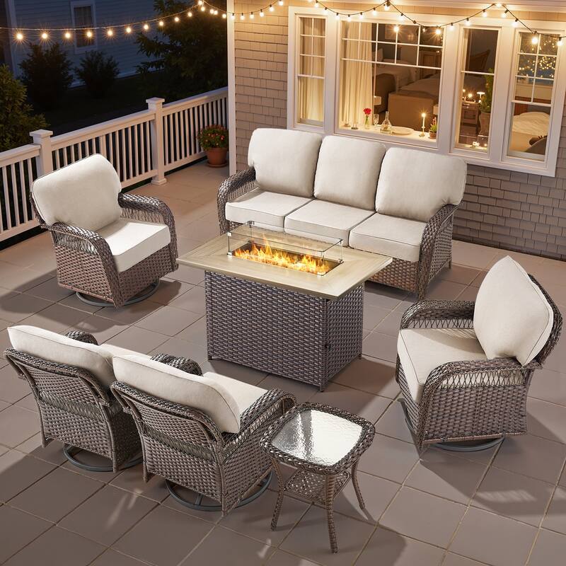 Pocassy Outdoor Fire Pit Table with Swivel Chair Sofa Ottoman Funiture Set. - Brown Wicker Beige Cushion - 7-Piece Sofa Swivel Chair Table w/ Fie Pit Table