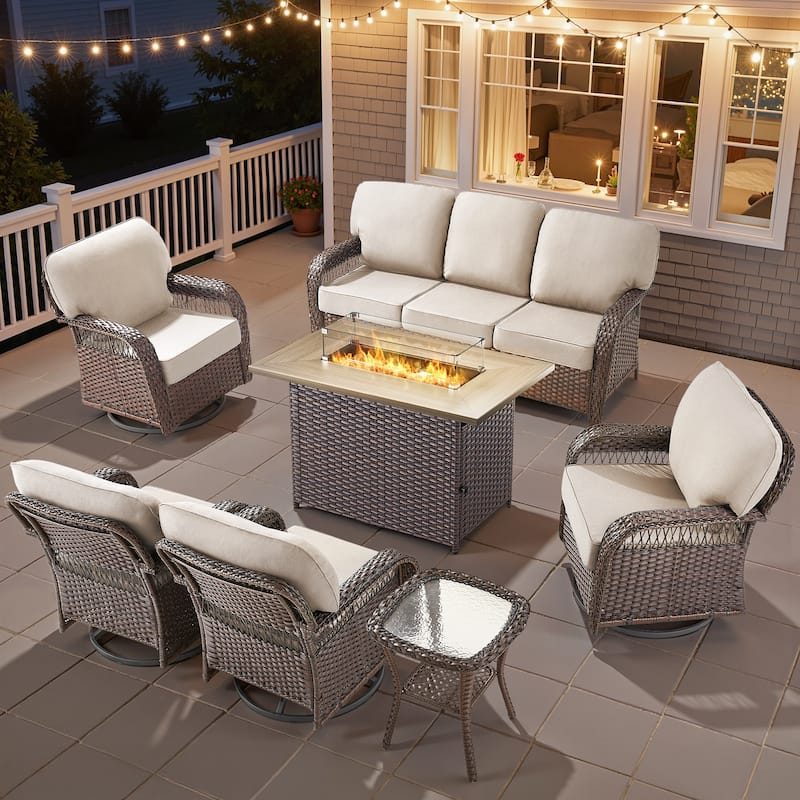 Pocassy Outdoor Fire Pit Table with Swivel Chair Sofa Ottoman Set. - Brown Wicker Beige Cushion - 7-Piece Sofa Swivel Chair Table w/ Fie Pit Table