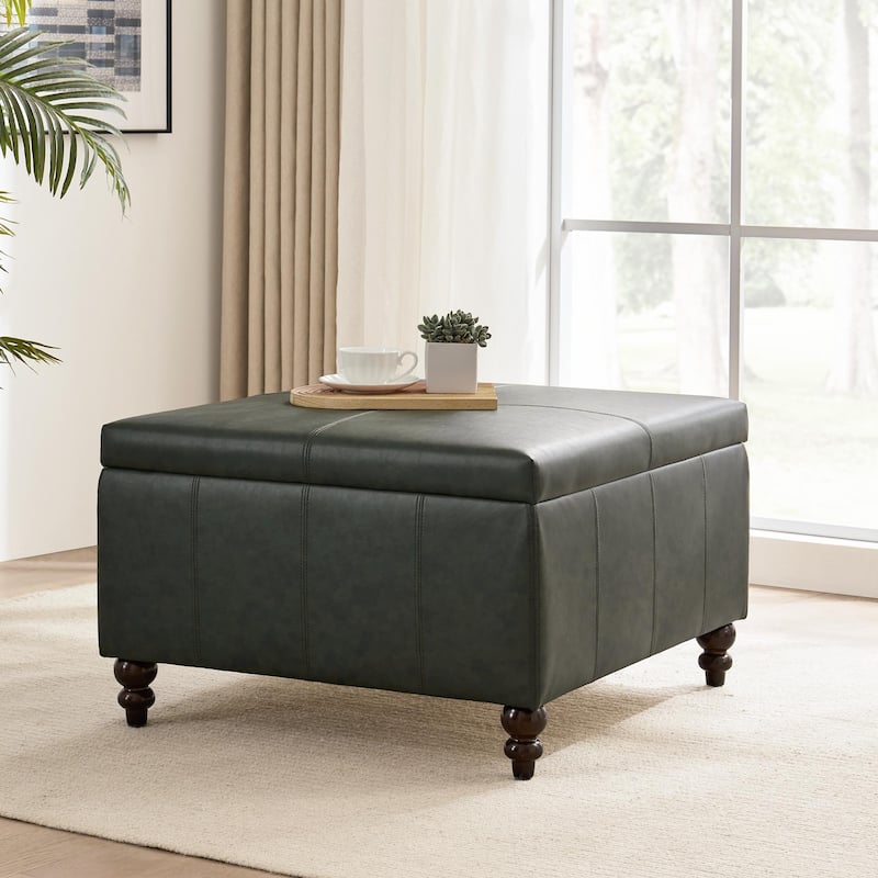 Leather Square Storage Ottoman for Living Room, Brown/ Black 30"W x 30"D x 18.1"H