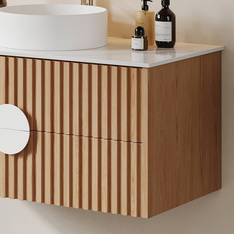 35.43" Floading Single Bathroom Vanities, with 2 Drawers, Glossy Sintered Stone Top, Light Wood