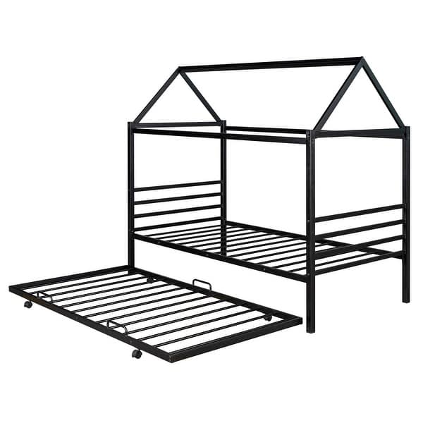 slide 2 of 24, House-Design Twin Size Metal Platform Bed with Trundle,Industrial Design Black