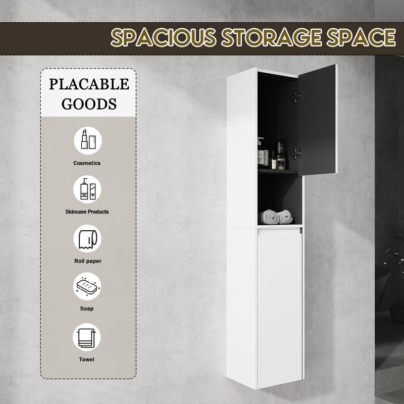 Modern Wall-Mounted Bathroom Side Cabinet with Soft-Close Doors, Floating Design, 6 Storage Compartments, 12-Inch Width