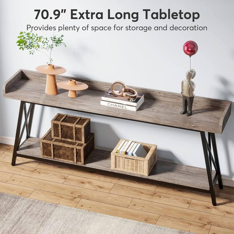 70.9" Extra Long Industrial Console Table, Rustic Grey Sofa Table Behind Couch, Narrow Entryway Hallway Bar Table