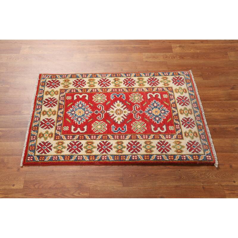 Hand Knotted Oriental 100% Wool Carpet Traditional Geometric Red Kazak Area Rug - 3' 0'' X 2' 0''