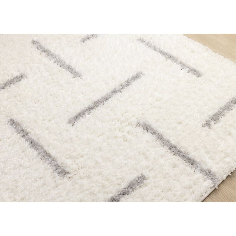 Cream Gray Neutral Lines Soft Shag Area Rug, 5'3" x 7'7"