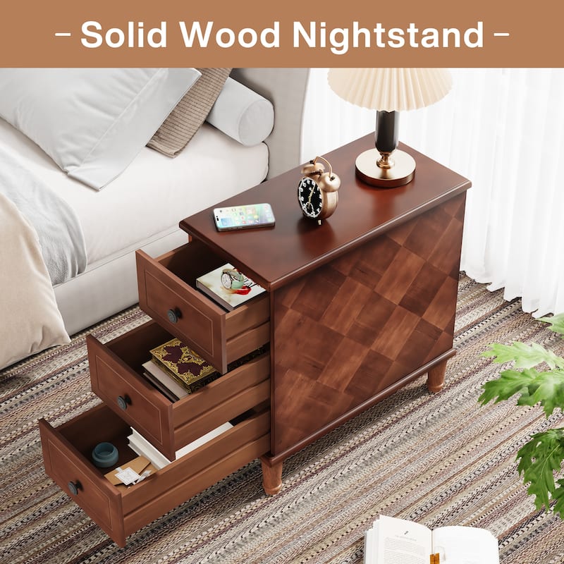Fully Assembled Narrow End Table, Solid Wood Side Table with 3 Drawers, Vintage Nightstand Slim Bedside Table for Small Spaces
