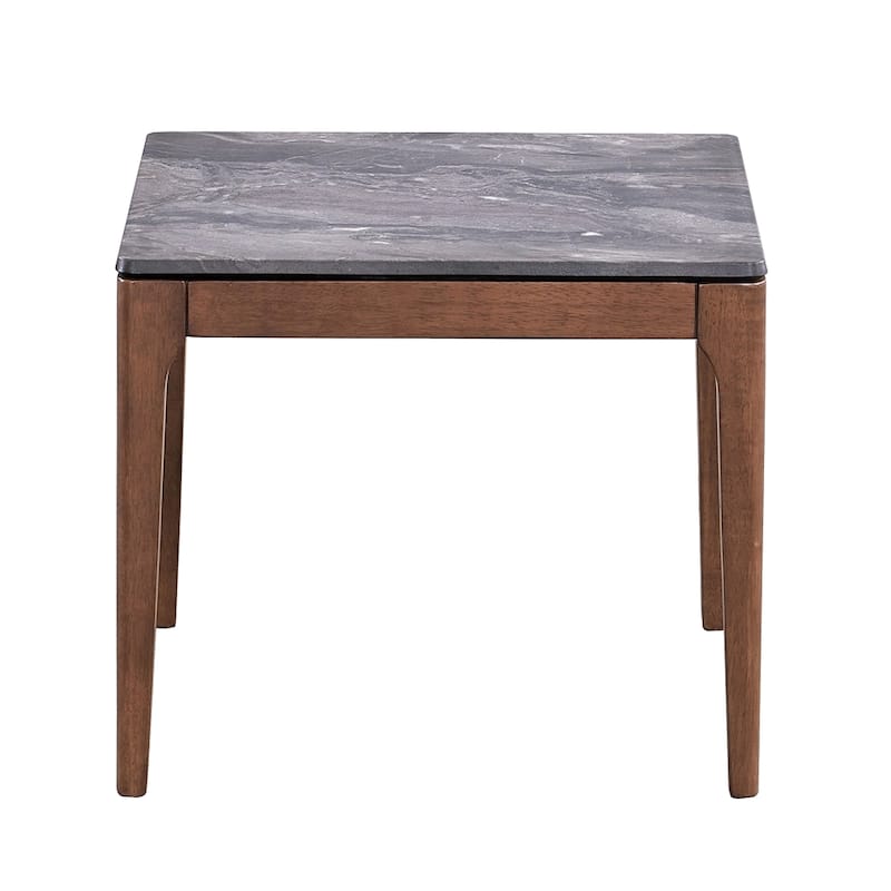 Evis Side End Table, 24 Inch Square Gray Faux Stone Top, Brown Wood