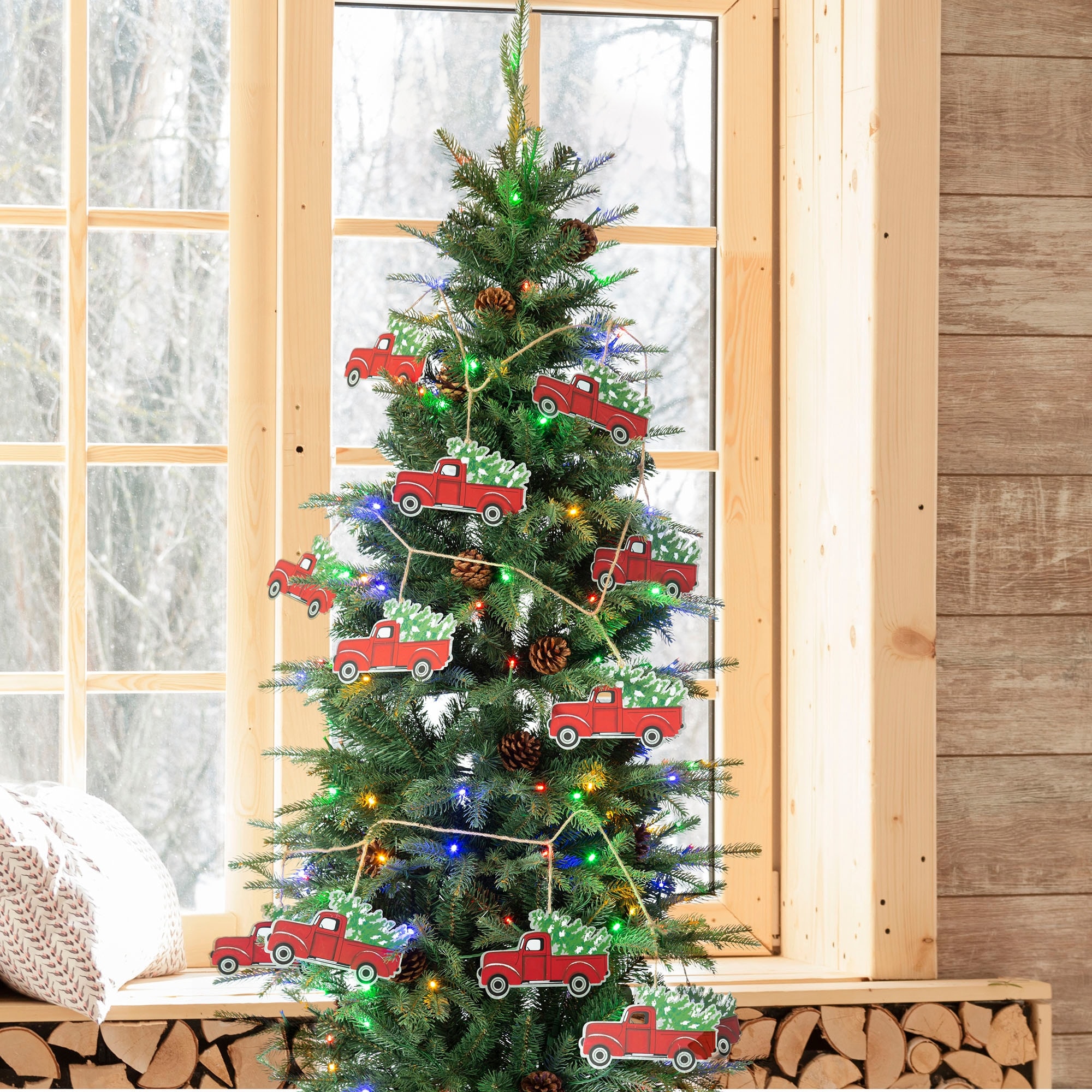 Glitzhome 6'L Christmas Red Metal Trucks Garland Set of 2